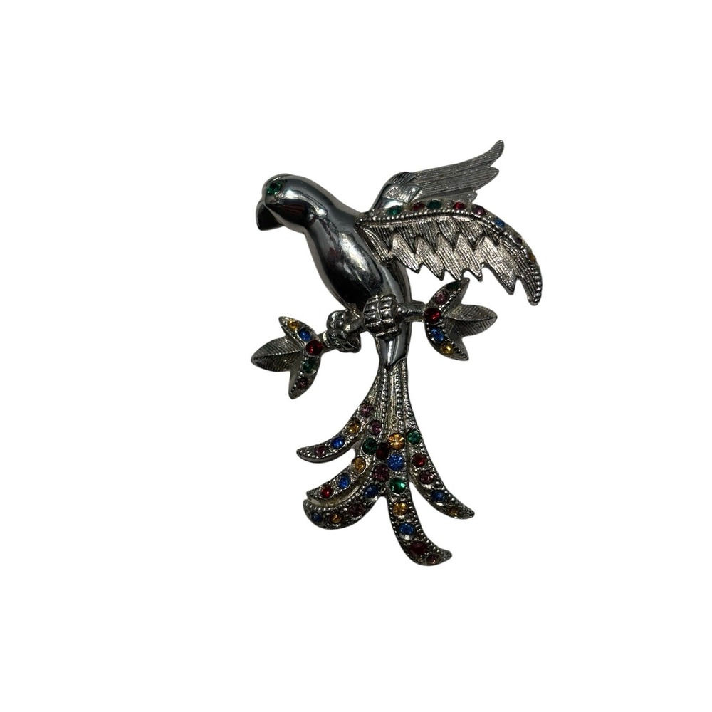 Vintage Judy Lee Silver Tone Colorful Rhinestone Bird Of Paradise Brooch Pin